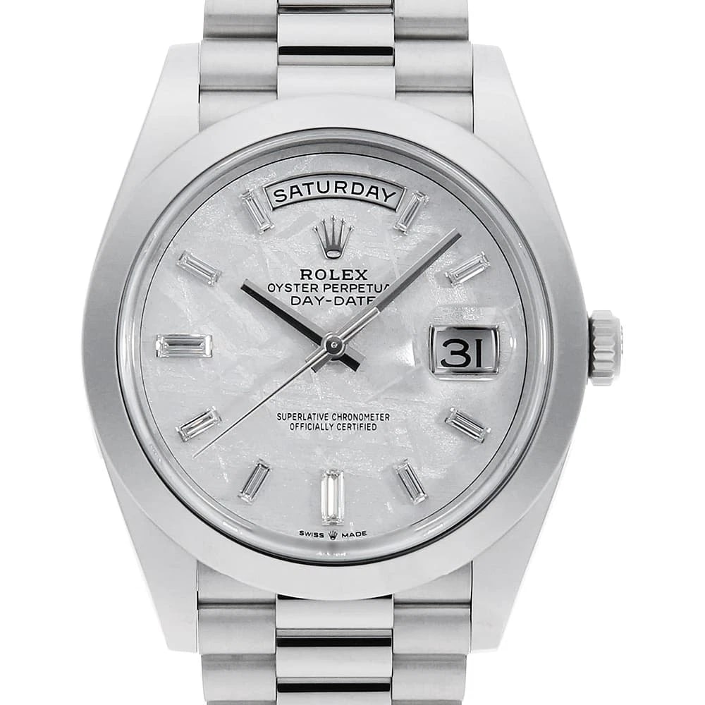 ROLEX DAY DATE BAGUETTE DIAMOND METEO METEOLITE WATCH: ROLEX Day Date Baguette Diamond METEO Meteolite Watch Brand: ROLEX Type/Style: Wrist watch Material: Band Material Platinum, Case Material Platinum Color: Dial Color Meteorite Size: Case:W40mm Circumf