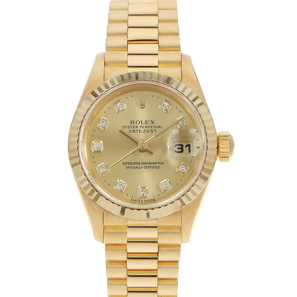 ROLEX DATEJUST DIAMOND CHAMPAGNE WATCH: ROLEX Datejust Diamond Champagne Watch Brand: ROLEX Type/Style: Wrist watch Material: Band Material Yellow Gold, Case Material Yellow Gold Color: Dial Color Champagne Gold Size: Case:W26mm Circumferen
