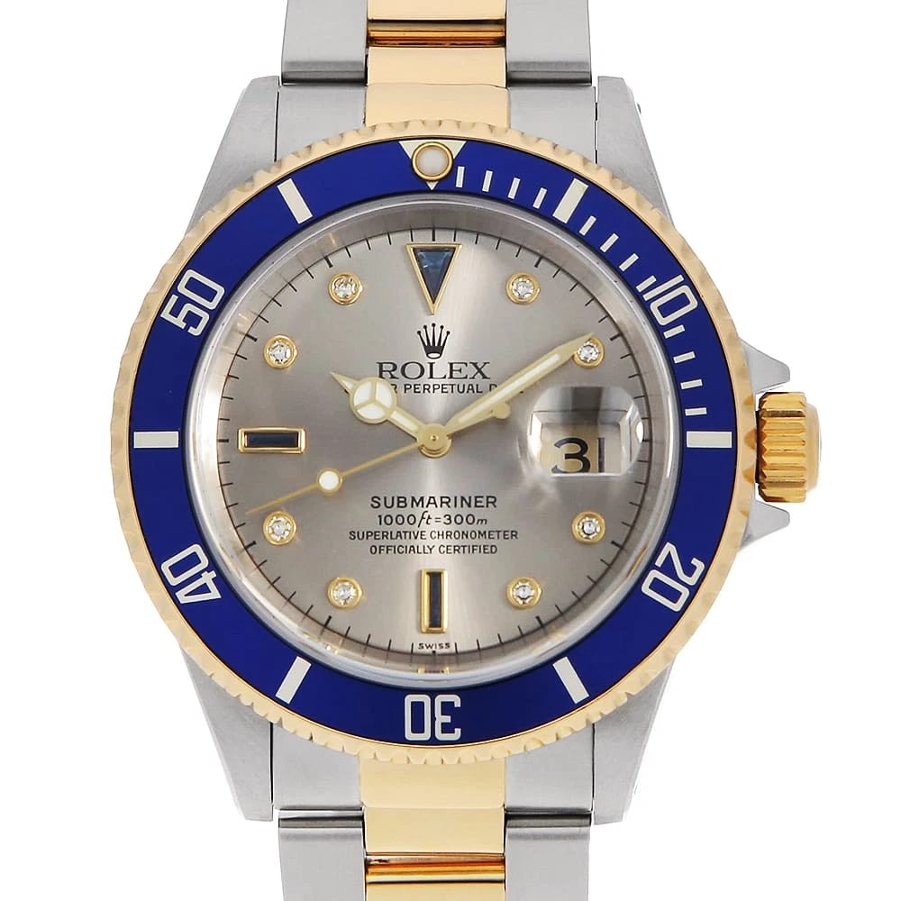 ROLEX SUBMARINER DATE DIAMOND SAPPHIRE GRAY WATCH: ROLEX SUBMARINER Date Diamond Sapphire gray Watch Brand: ROLEX Type/Style: Wrist watch Material: Band Material Stainless Steel/Yellow Gold, Case Material Stainless Steel Color: Dial Color Gray Size: