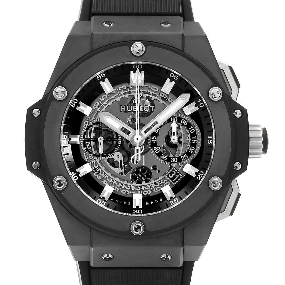 HUBLOT KING POWER UNICO BLACK MAGIC WATCH: HUBLOT King Power Unico Black Magic Watch Brand: HUBLOT Type/Style: Wrist watch Material: Band Material rubber, Case Material Ceramic Color: Dial Color Skeleton Size: Case:W48mm Accessories: None