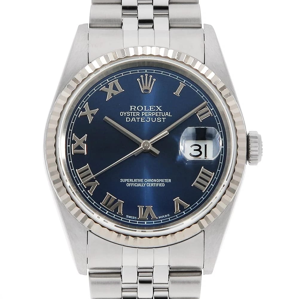 ROLEX DATEJUST BLUE ROME WATCH: ROLEX Datejust blue Rome Watch Brand: ROLEX Type/Style: Wrist watch Material: Band Material Stainless Steel, Case Material Stainless Steel/White gold Color: Dial Color Blue Size: Case:W36mm