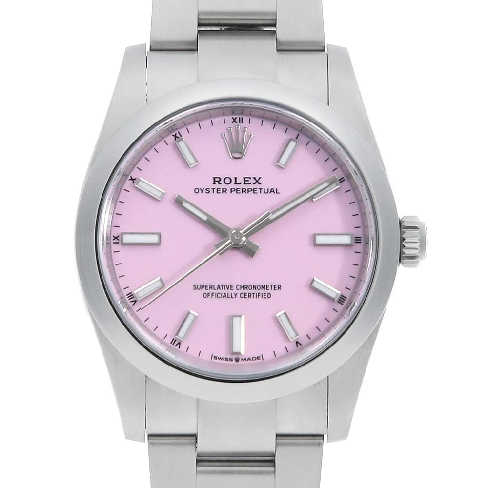 ROLEX OYSTER PERPETUAL CANDY PINK WATCH: ROLEX Oyster perpetual Candy pink Watch Brand: ROLEX Type/Style: Wrist watch Material: Band Material Stainless Steel, Case Material Stainless Steel Color: Dial Color Candy Pink Size: Case:W34mm Circum
