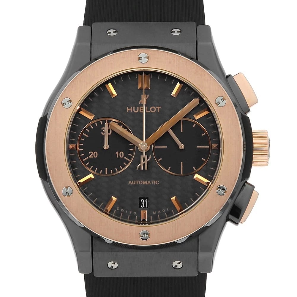 HUBLOT CLASSIC FUSION CHRONOGRAPH CERAMIC KING GOLD WATCH: HUBLOT Classic Fusion Chronograph Ceramic King Gold Watch Brand: HUBLOT Type/Style: Wrist watch Material: Band Material rubber, Case Material ceramic/King gold Color: Dial Color Black Size: Case:W45mm