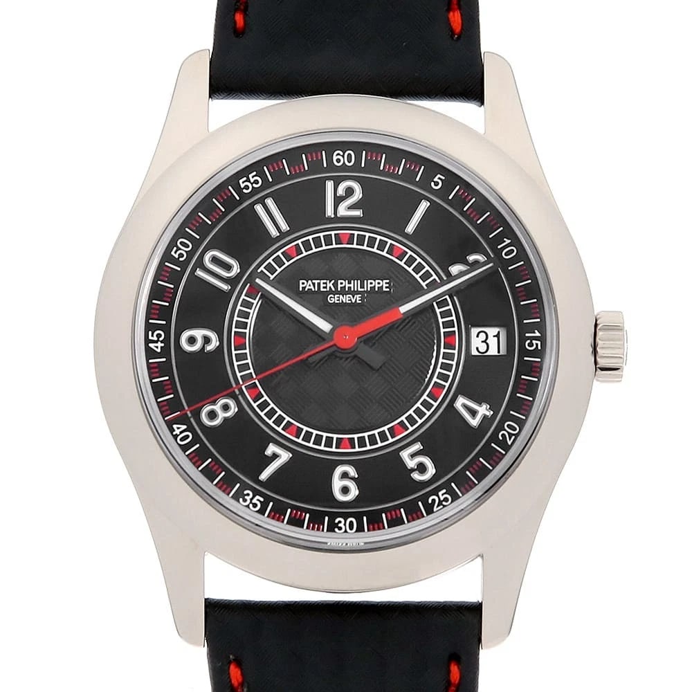 PATEK PHILIPPE CALATRAVA WATCH: PATEK PHILIPPE Calatrava Watch Brand: PATEK PHILIPPE Type/Style: Wrist watch Material: Band Material Calfskin, Case Material White Gold Color: Dial Color Black Size: Case:W40mm Accessories: None <