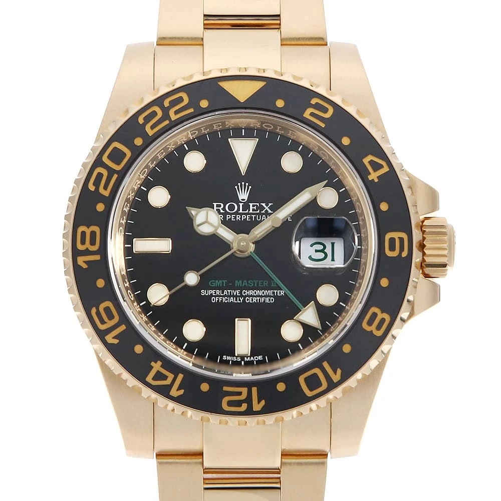ROLEX GMT MASTER BLACK WATCH: ROLEX GMT Master black Watch Brand: ROLEX Type/Style: Wrist watch Material: Band Material Yellow Gold, Case Material Yellow Gold Color: Dial Color Black Size: Case:W40mm Circumference of Wrist:19.5cm