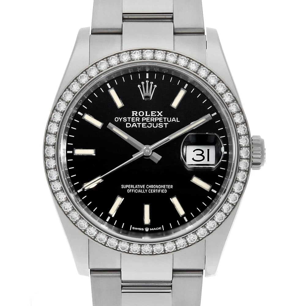 ROLEX DATEJUST BEZEL DIAMOND BLACK OYSTER WATCH: ROLEX Datejust Bezel Diamond black oyster Watch Brand: ROLEX Type/Style: Wrist watch Material: Band Material Stainless Steel, Case Material Stainless Steel Color: Dial Color Black Size: Case:W36mm Cir