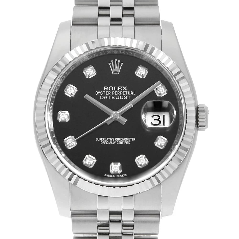 ROLEX DATEJUST DIAMOND BLACK WATCH: ROLEX Datejust Diamond black Watch Brand: ROLEX Type/Style: Wrist watch Material: Band Material Stainless Steel, Case Material Stainless Steel/White gold Color: Dial Color Black Size: Case:W36mm Circu