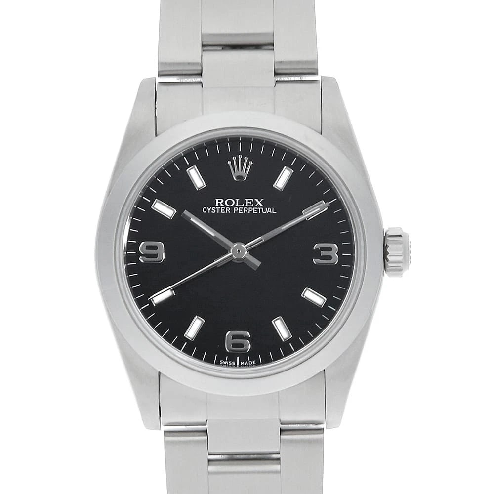 ROLEX OYSTER PERPETUAL BLACK WATCH: ROLEX Oyster perpetual black Watch Brand: ROLEX Type/Style: Wrist watch Material: Band Material Stainless Steel, Case Material Stainless Steel Color: Dial Color Black Size: Case:W30mm Circumference
