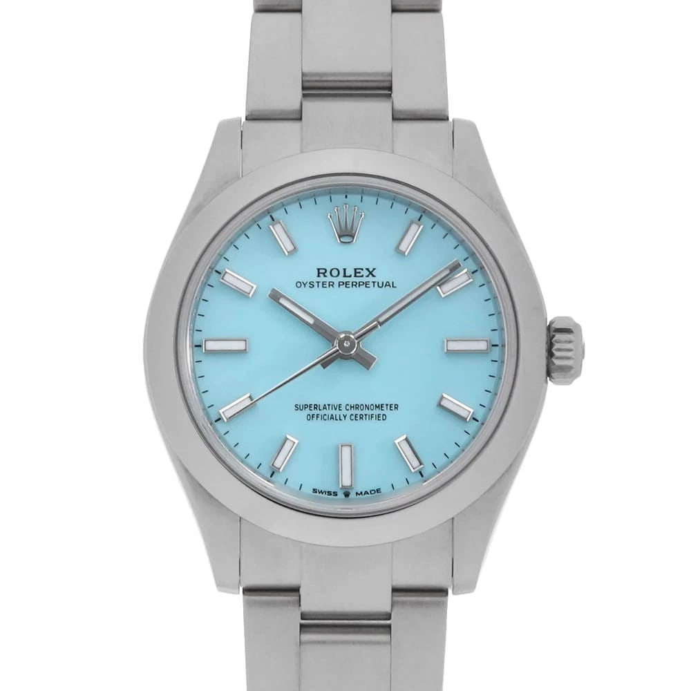 ROLEX OYSTER PERPETUAL TURQUOISE BLUE WATCH: ROLEX Oyster Perpetual turquoise blue Watch Brand: ROLEX Type/Style: Wrist watch Material: Band Material Stainless Steel, Case Material Stainless Steel Color: Dial Color Turquoise Blue Size: Case:W31m