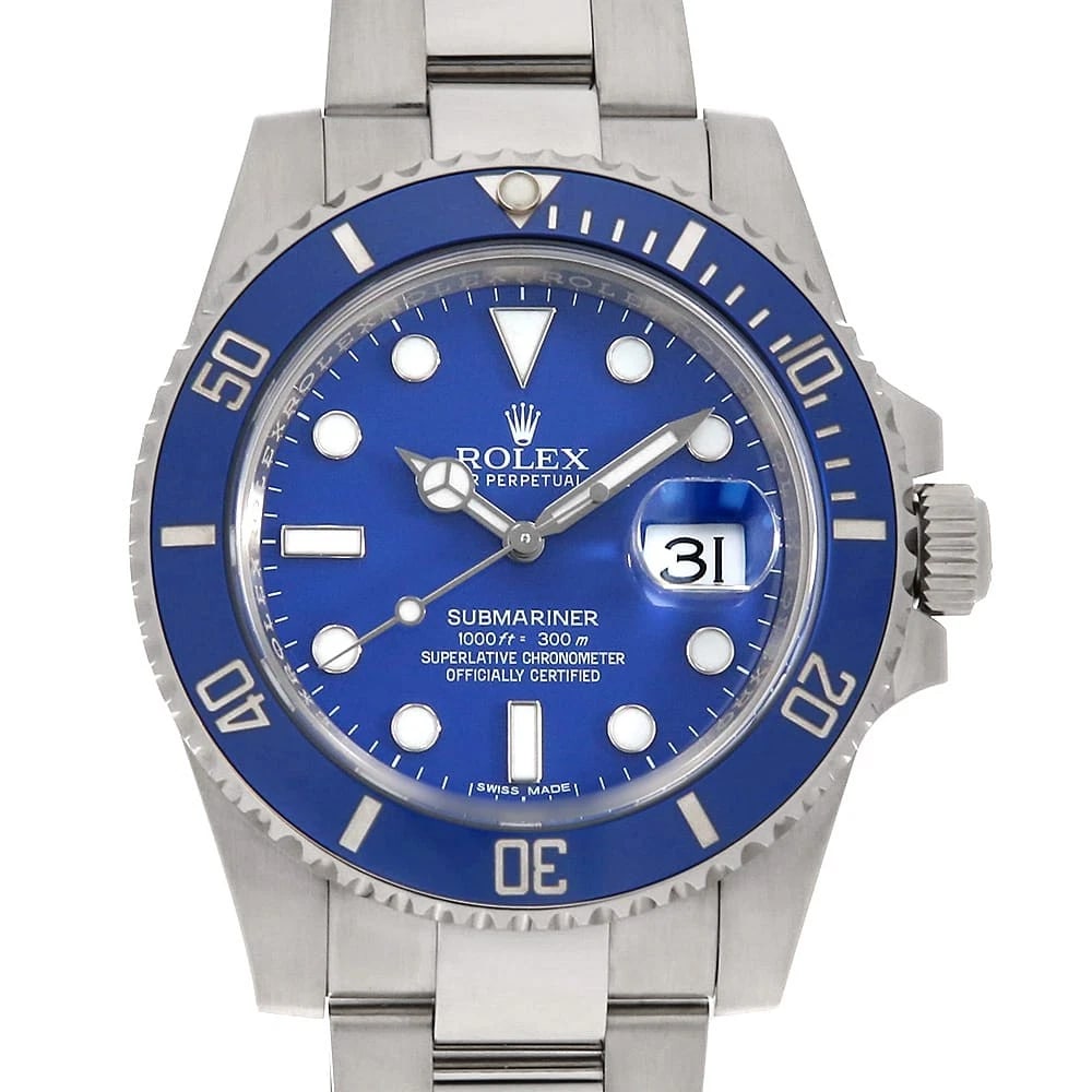 ROLEX SUBMARINER BLUE WATCH: ROLEX SUBMARINER blue Watch Brand: ROLEX Type/Style: Wrist watch Material: Band Material White Gold, Case Material White Gold Color: Dial Color Blue Size: Case:W40mm Circumference of Wrist:20.5cm