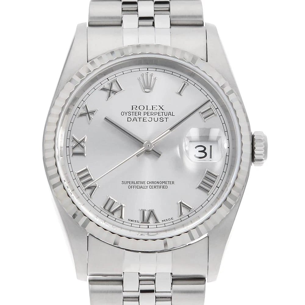 ROLEX DATEJUST SILVER ROME WATCH: ROLEX Datejust Silver Rome Watch Brand: ROLEX Type/Style: Wrist watch Material: Band Material Stainless Steel, Case Material Stainless Steel/White gold Color: Dial Color Silver Size: Case:W36mm