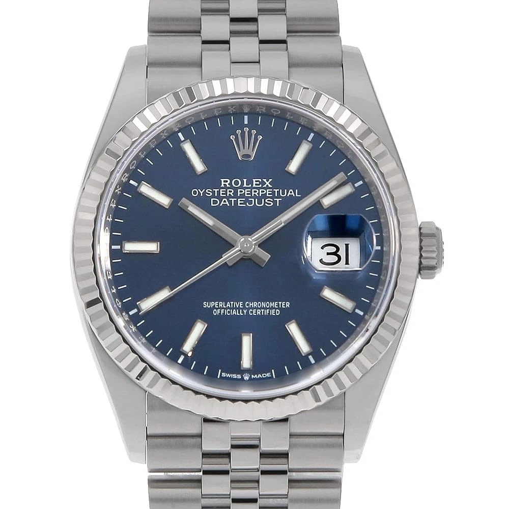 ROLEX DATEJUST BLUE WATCH: ROLEX DATEJUST blue Watch Brand: ROLEX Type/Style: Wrist watch Material: Band Material Stainless Steel, Case Material Stainless Steel/White gold Color: Dial Color Blue Size: Case:W36mm Circumference o