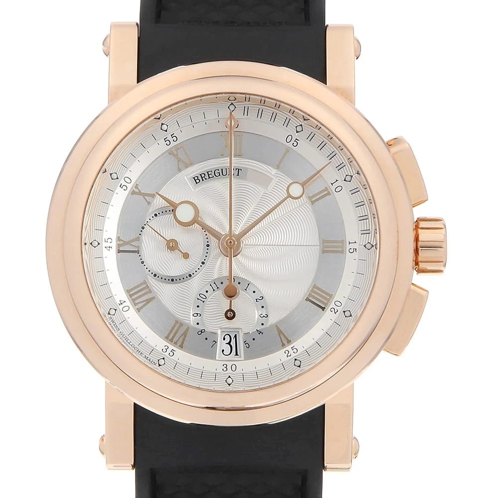 BREGUET MARINE CHRONOGRAPH WATCH: Breguet Marine chronograph Watch Brand: Breguet Type/Style: Wrist watch Material: Band Material rubber, Case Material Rose Gold Color: Dial Color Silver Size: Case:W42mm Accessories: None