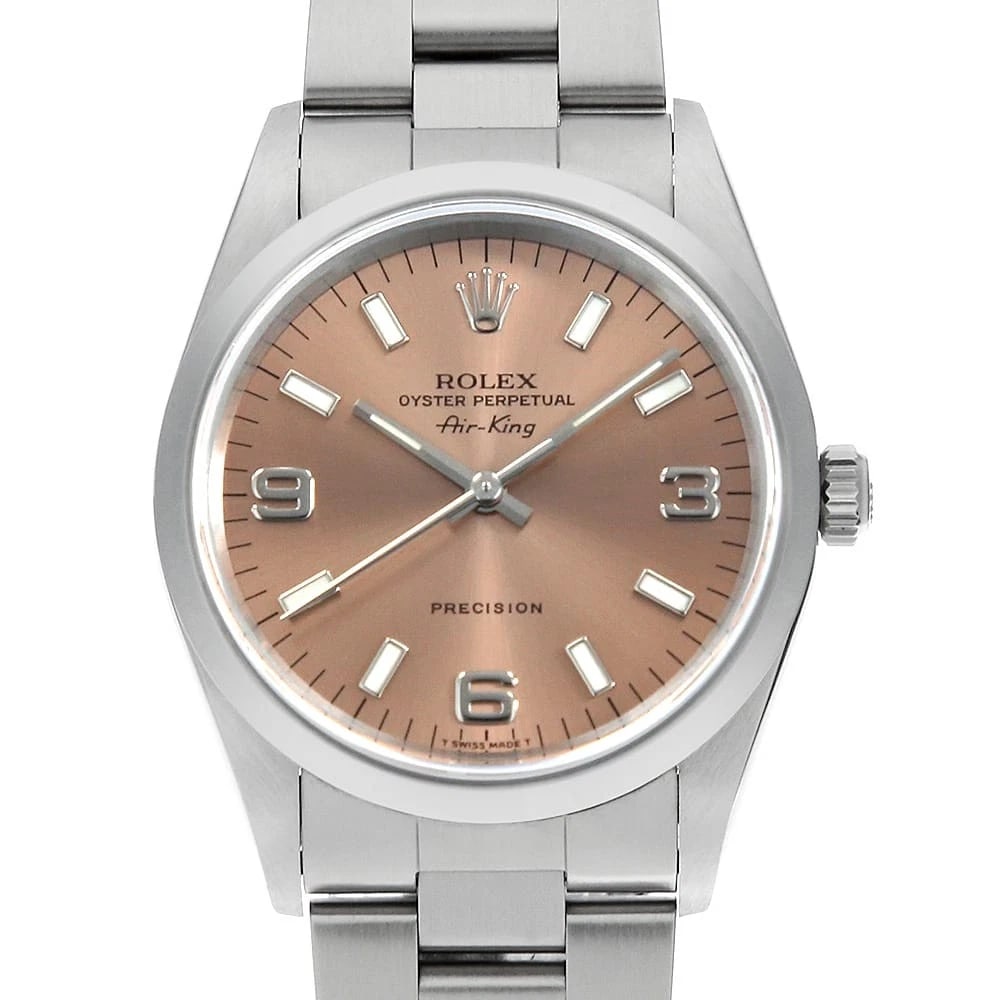 ROLEX AIR KING PINK WHITE WATCH: ROLEX Air king pink white Watch Brand: ROLEX Type/Style: Wrist watch Material: Band Material Stainless Steel, Case Material Stainless Steel Color: Dial Color Pink Size: Case:W34mm Circumference of