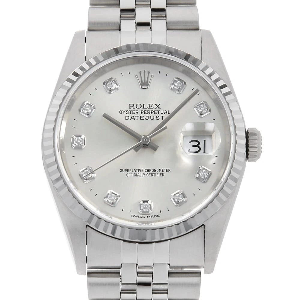 ROLEX DATEJUST DIAMOND SILVER WATCH: ROLEX Datejust Diamond Silver Watch Brand: ROLEX Type/Style: Wrist watch Material: Band Material Stainless Steel, Case Material Stainless Steel/White gold Color: Dial Color Silver Size: Case:W36mm