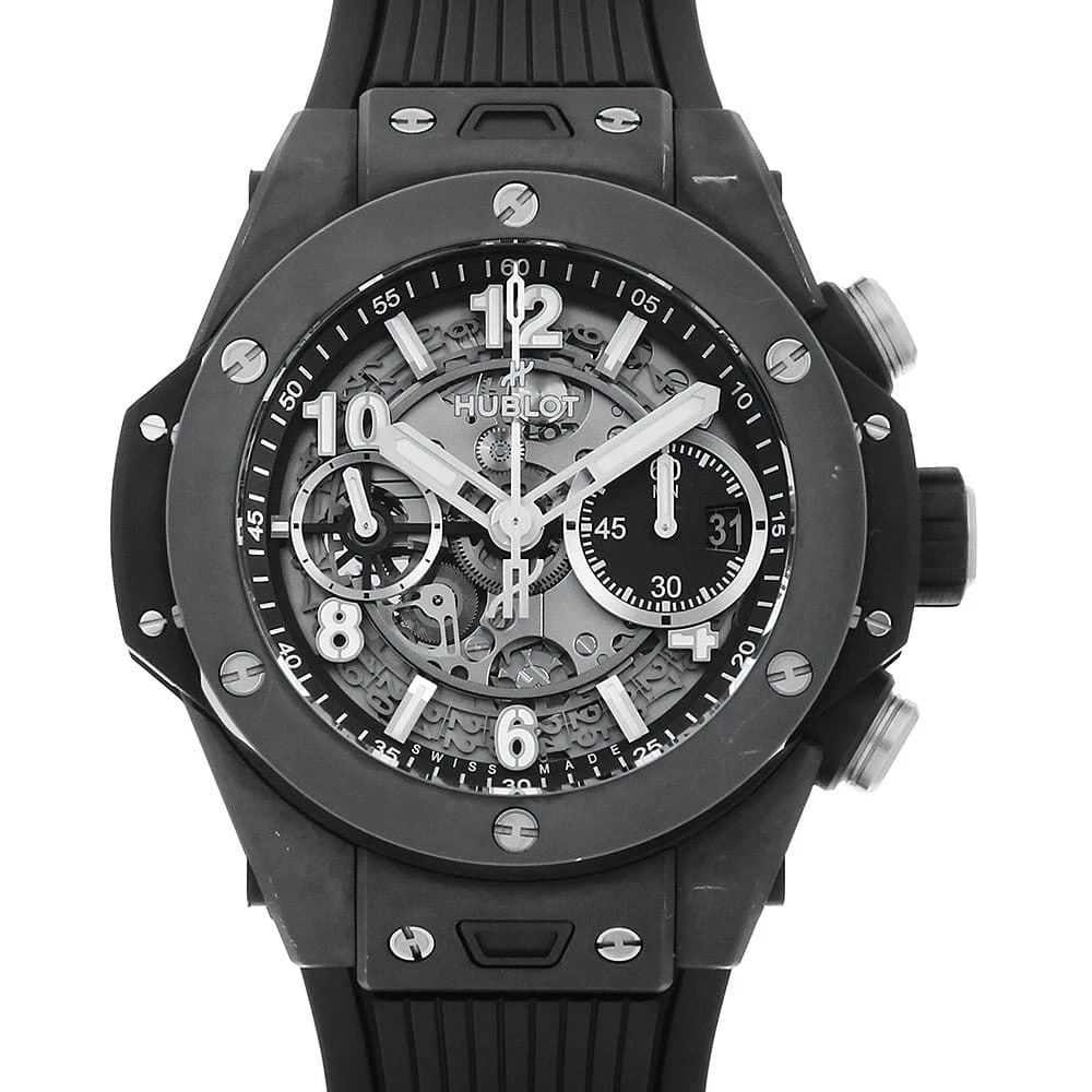 HUBLOT BIG BANG UNICO BLACK MAGIC WATCH: HUBLOT Big Bang Unico Black Magic Watch Brand: HUBLOT Type/Style: Wrist watch Material: Band Material rubber, Case Material Black Ceramics Color: Dial Color Skeleton Size: Case:W42mm Accessories: