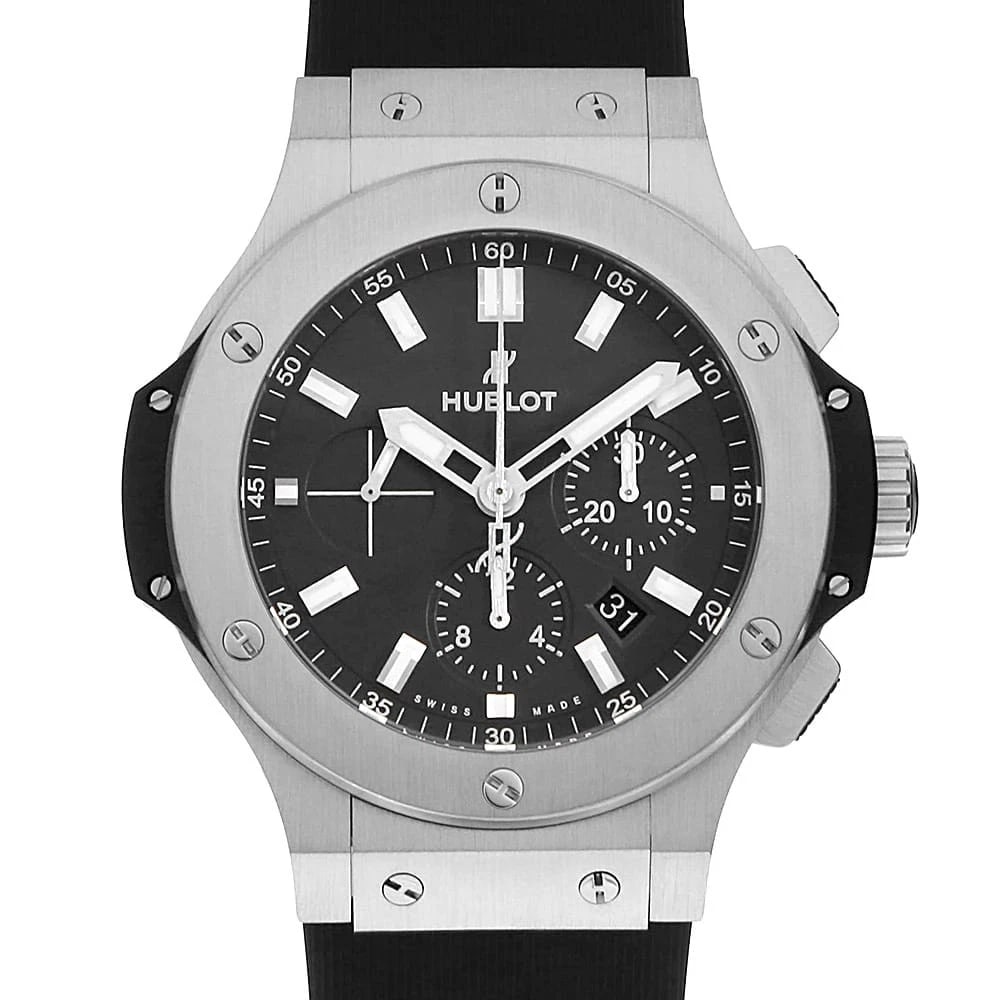 HUBLOT BIG BANG STEEL WATCH: HUBLOT Big bang steel Watch Brand: HUBLOT Type/Style: Wrist watch Material: Band Material rubber, Case Material Stainless Steel Color: Dial Color Black Size: Case:W44mm Accessories: None A