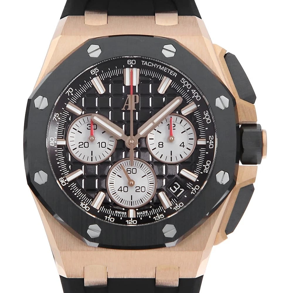 AUDEMARS PIGUET ROYAL OAK OFFSHORE CHRONOGRAPH WATCH: AUDEMARS PIGUET Royal Oak Offshore Chronograph Watch Brand: AUDEMARS PIGUET Type/Style: Wrist watch Material: Band Material rubber, Case Material Pink Gold Color: Dial Color Black Size: Case:W43mm