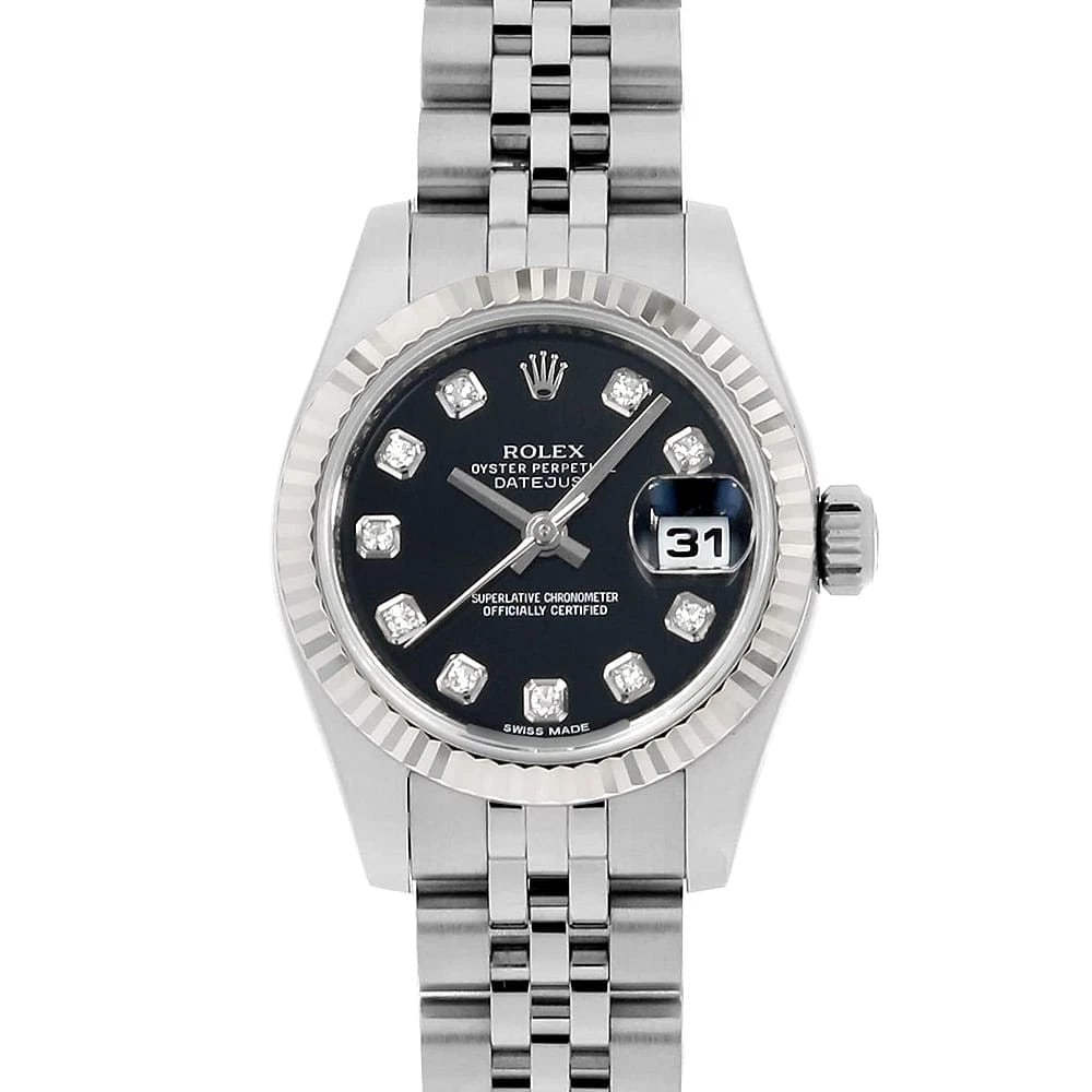 ROLEX DATEJUST DIAMOND BLACK WATCH: ROLEX Datejust Diamond black Watch Brand: ROLEX Type/Style: Wrist watch Material: Band Material Stainless Steel, Case Material Stainless Steel/White gold Color: Dial Color Black Size: Case:W26mm Circu