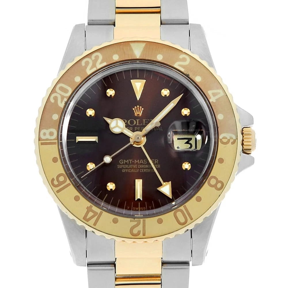 ROLEX GMT MASTER BROWN BARNACLES ANTIQUE WATCH: ROLEX GMT master Brown Barnacles antique Watch Brand: ROLEX Type/Style: Wrist watch Material: Band Material Stainless Steel/Yellow Gold, Case Material Stainless Steel Color: Dial Color Brown Size: