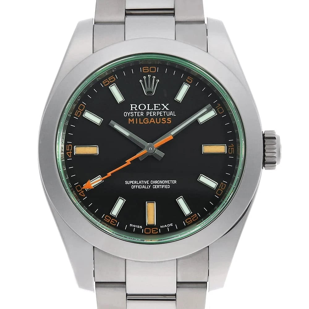 ROLEX MILGAUSS GREEN BLACK WATCH: ROLEX Milgauss green black Watch Brand: ROLEX Type/Style: Wrist watch Material: Band Material Stainless Steel, Case Material Stainless Steel Color: Dial Color Black Size: Case:W40mm Circumference of W
