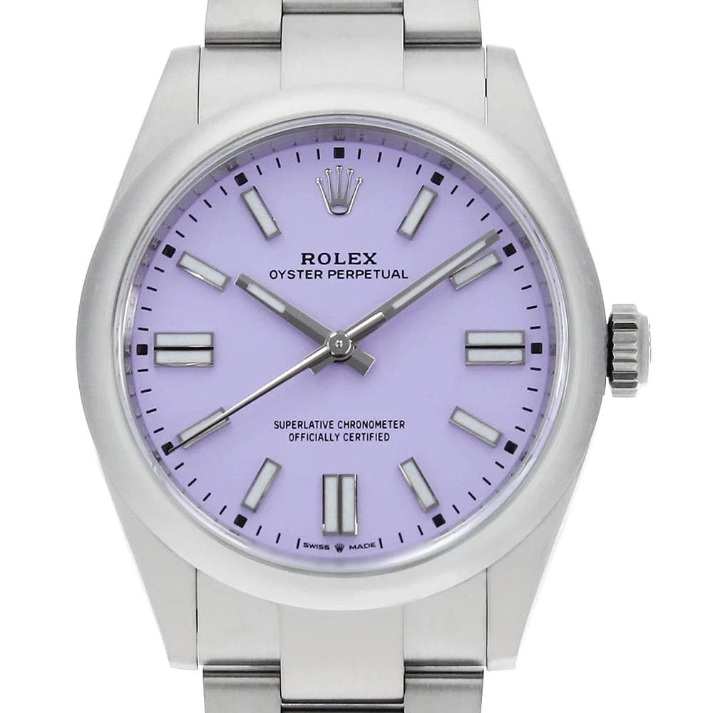 ROLEX OYSTER PERPETUAL LAVENDER WATCH: ROLEX Oyster Perpetual lavender Watch Brand: ROLEX Type/Style: Wrist watch Material: Band Material Stainless Steel, Case Material Stainless Steel Color: Dial Color Lavender Size: Case:W41mm Circumfere
