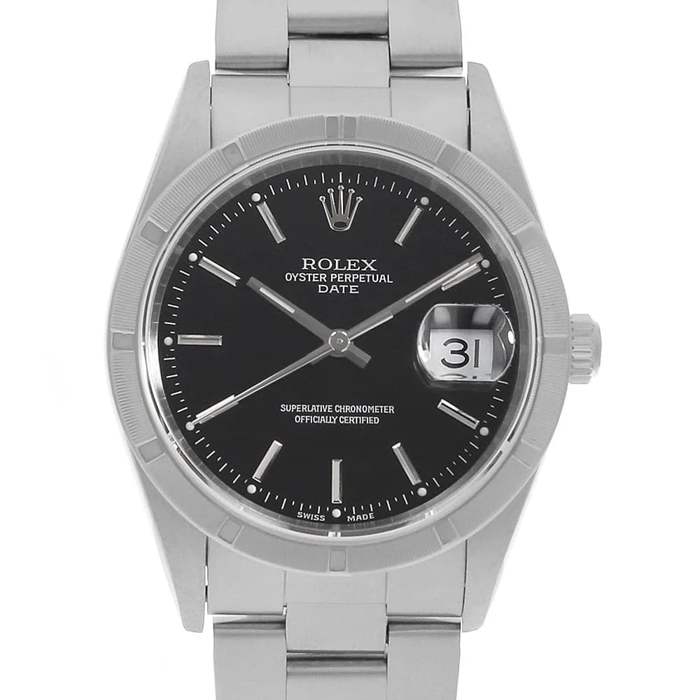 ROLEX OYSTER PERPETUAL DATE BLACK WATCH: ROLEX Oyster Perpetual Date black Watch Brand: ROLEX Type/Style: Wrist watch Material: Band Material Stainless Steel, Case Material Stainless Steel Color: Dial Color Black Size: Case:W34mm Circumferen