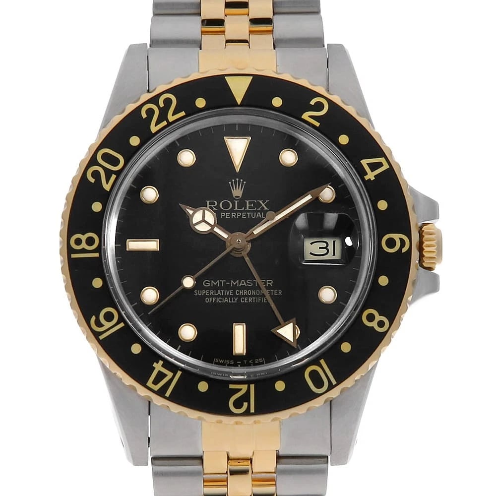 ROLEX GMT MASTER BLACK ALL TRITIUM SINGLE BUCKLE ROW WATCH: ROLEX GMT master black All tritium single buckle row Watch Brand: ROLEX Type/Style: Wrist watch Material: Band Material Stainless Steel/Yellow Gold, Case Material Stainless Steel Color: Dial Color