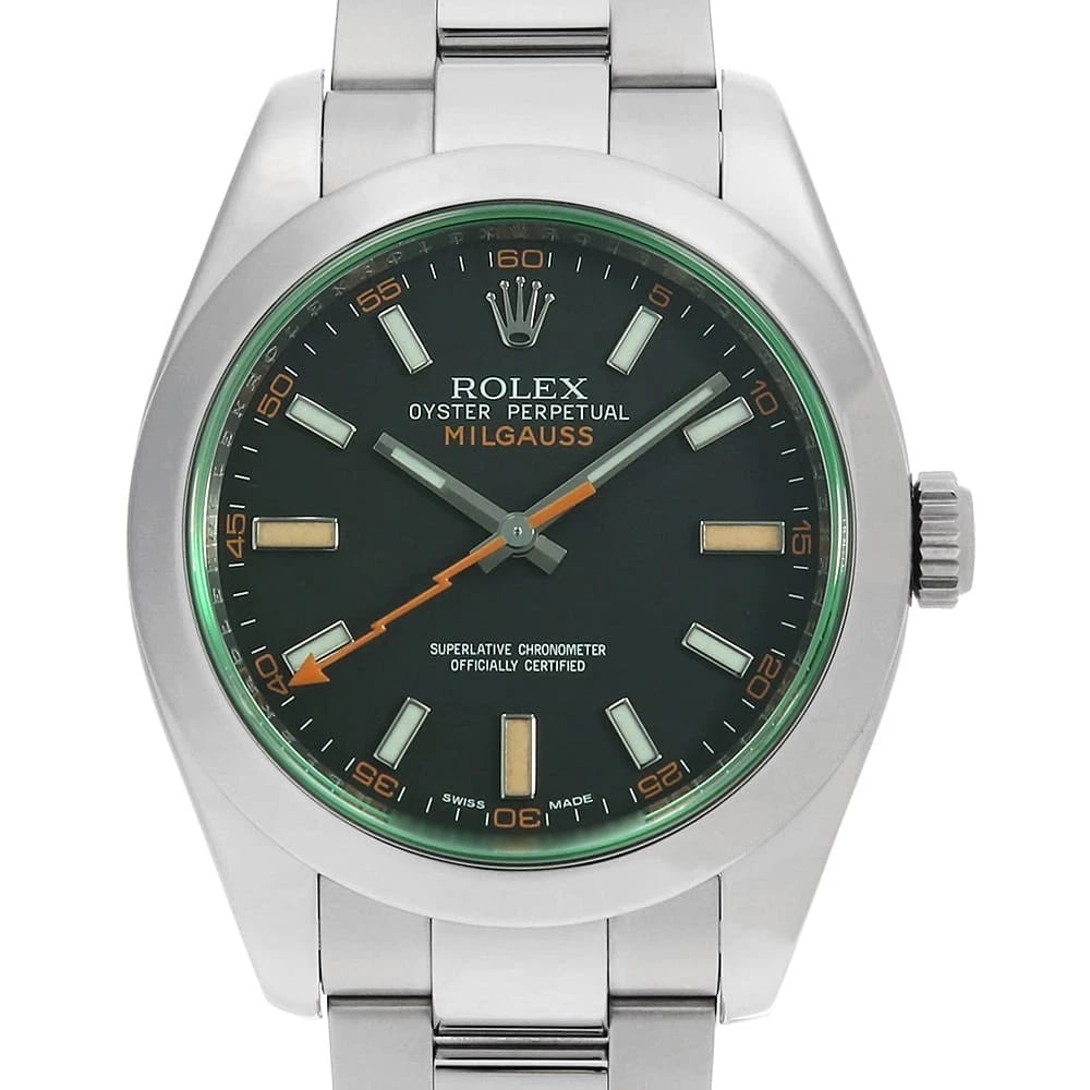 ROLEX MILGAUSS GREEN BLACK WATCH: ROLEX Milgauss green black Watch Brand: ROLEX Type/Style: Wrist watch Material: Band Material Stainless Steel, Case Material Stainless Steel Color: Dial Color Black Size: Case:W40mm Circumference of