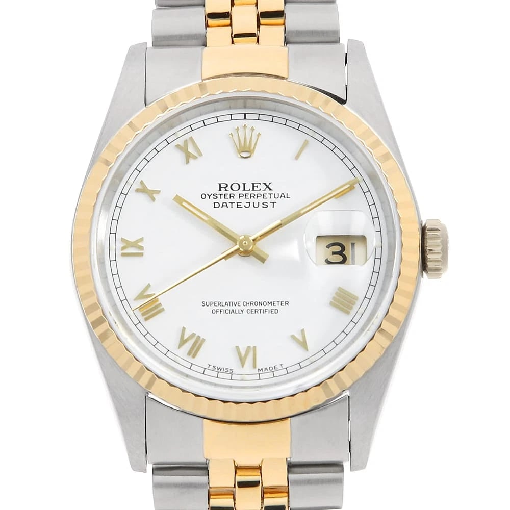 ROLEX DATEJUST WHITE ROME WATCH: ROLEX Datejust white Rome Watch Brand: ROLEX Type/Style: Wrist watch Material: Band Material Stainless Steel/Yellow Gold, Case Material Stainless Steel/Yellow Gold Color: Dial Color White Size:
