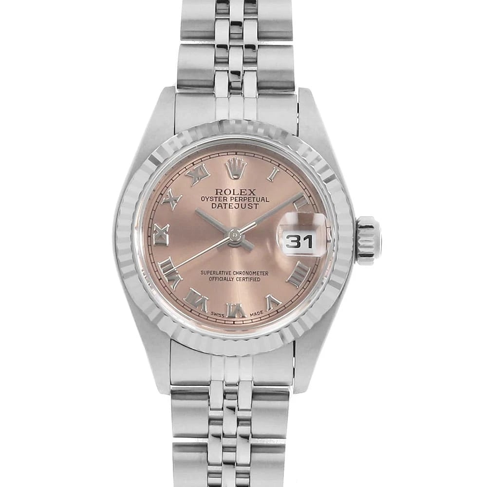ROLEX DATEJUST PINK WATCH: ROLEX Datejust pink Watch Brand: ROLEX Type/Style: Wrist watch Material: Band Material Stainless Steel, Case Material Stainless Steel/White gold Color: Dial Color Pink Size: Case:W26mm Circumference
