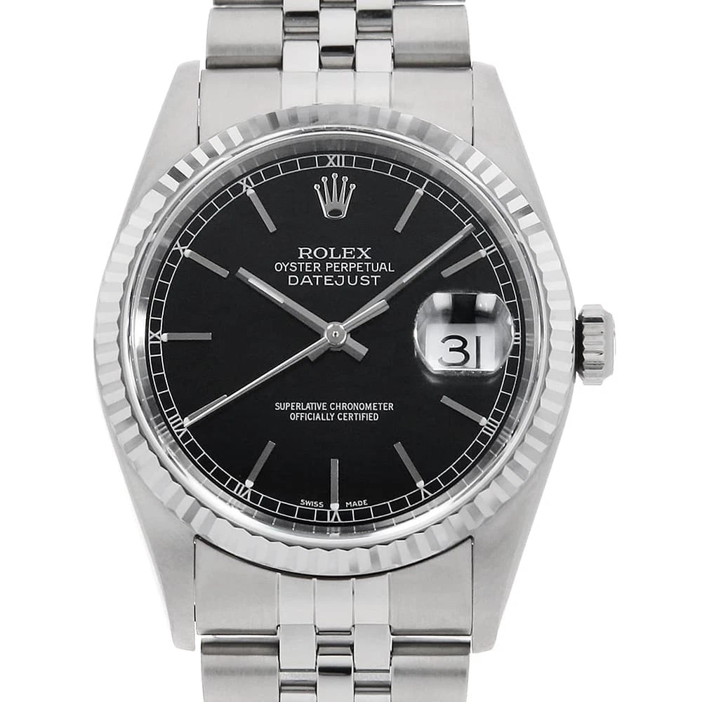 ROLEX DATEJUST BLACK WATCH: ROLEX Datejust black Watch Brand: ROLEX Type/Style: Wrist watch Material: Band Material Stainless Steel, Case Material Stainless Steel/White gold Color: Dial Color Black Size: Case:W36mm Circumference
