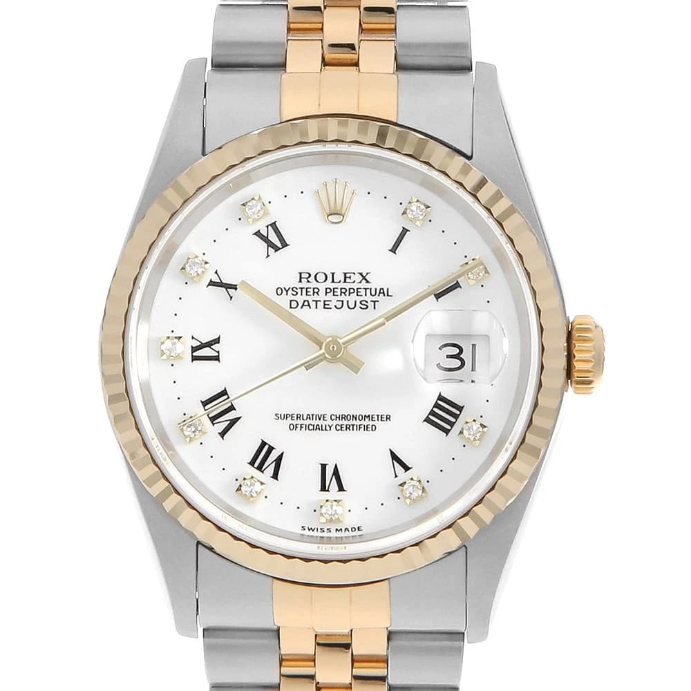 ROLEX DATEJUST DIAMOND WHITE WATCH: ROLEX Datejust Diamond white Watch Brand: ROLEX Type/Style: Wrist watch Material: Band Material Stainless Steel/Yellow Gold, Case Material Stainless Steel/Yellow Gold Color: Dial Color White Size: