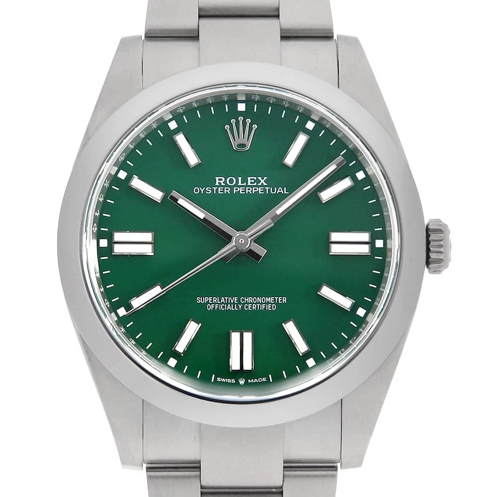 ROLEX OYSTER PERPETUAL GREEN WATCH: ROLEX Oyster Perpetual green Watch Brand: ROLEX Type/Style: Wrist watch Material: Band Material Stainless Steel, Case Material Stainless Steel Color: Dial Color Green Size: Case:W41mm Circumference