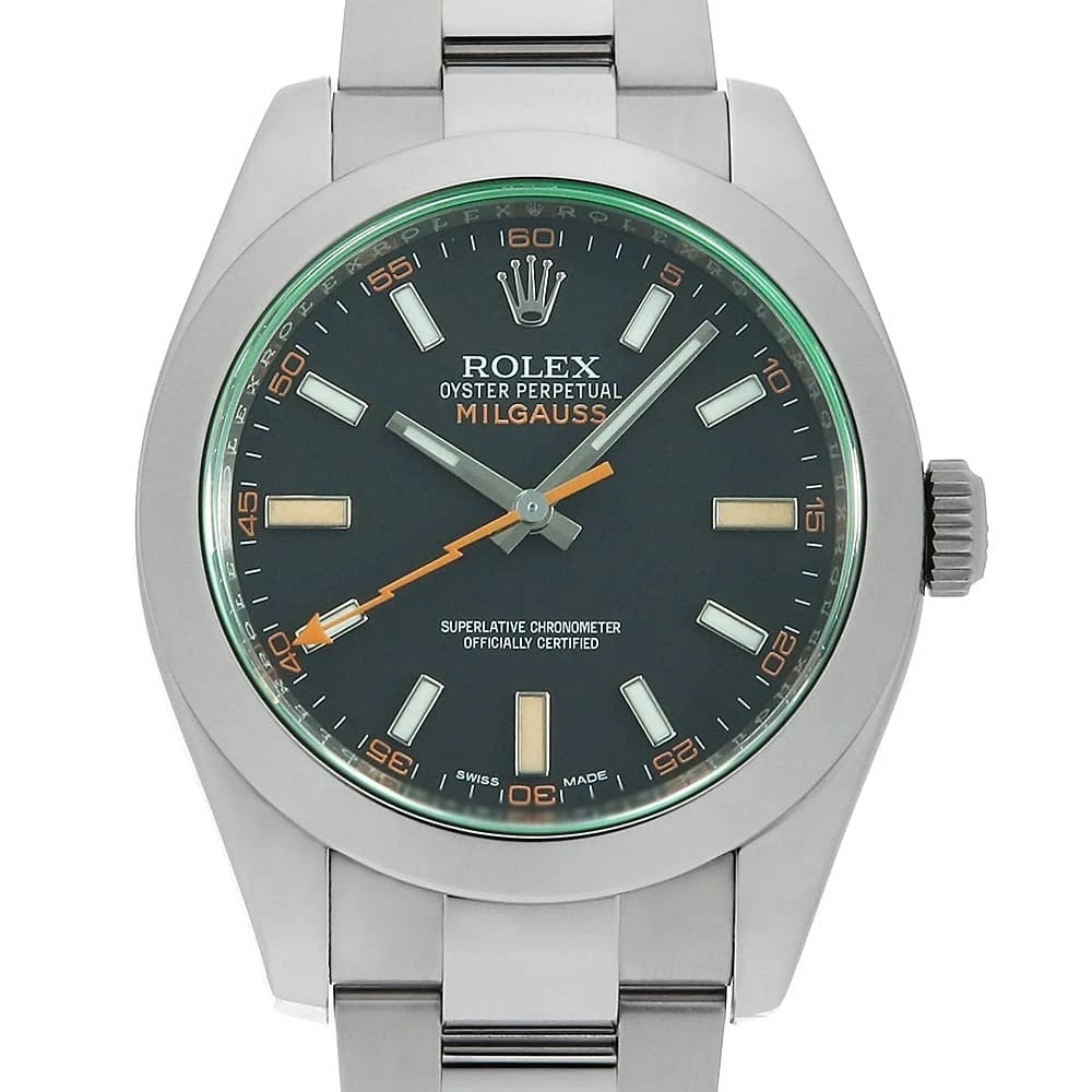 ROLEX MILGAUSS GREEN GLASS BLACK WATCH: ROLEX Milgauss green glass black Watch Brand: ROLEX Type/Style: Wrist watch Material: Band Material Stainless Steel, Case Material Stainless Steel Color: Dial Color Black Size: Case:W40mm