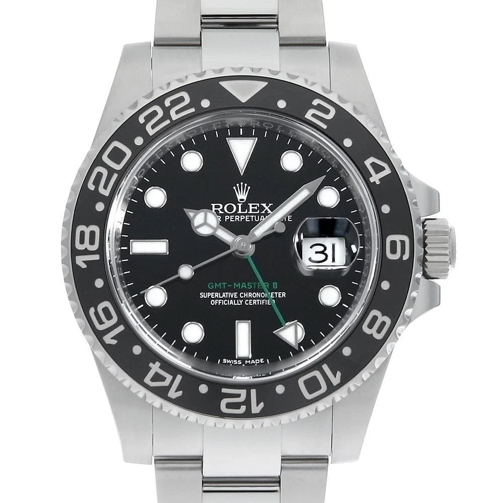 ROLEX GMT MASTER BLACK WATCH: ROLEX GMT Master black Watch Brand: ROLEX Type/Style: Wrist watch Material: Band Material Stainless Steel, Case Material Stainless Steel Color: Dial Color Black Size: Case:W40mm Circumference of Wrist