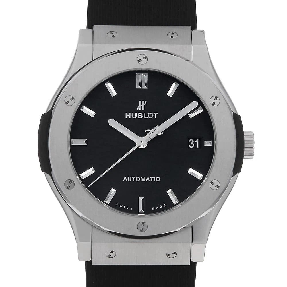 HUBLOT CLASSIC FUSION TITANIUM WATCH: HUBLOT Classic Fusion Titanium Watch Brand: HUBLOT Type/Style: Wrist watch Material: Band Material rubber, Case Material Titanium Color: Dial Color Black Size: Case:W45mm Accessories: None