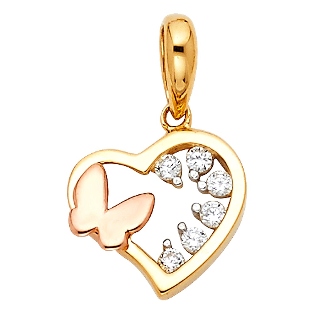14K 2T CZ HEART WITH BUTTERFLY TINY PENDANT: 14K 2T CZ Heart with Butterfly Tiny Pendant Type: Pendant Material Type: 14k Gold Material Color: Two Tone Avg. Weight: 0.93 Gr. Size: Height : 10 mm Width : 10 mm Accessories: None Notice