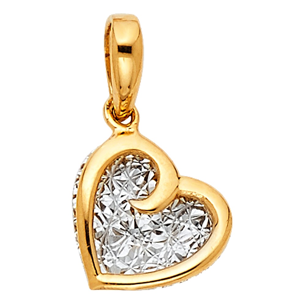 14K 2T HEART PENDANT: 14K 2T Heart Pendant Type: Pendant Material Type: 14k Gold Material Color: Two Tone Avg. Weight: 0.7 Gr. Size: Height : 9 mm Width : 9 mm Accessories: None Notice: When purchasing pre-owne
