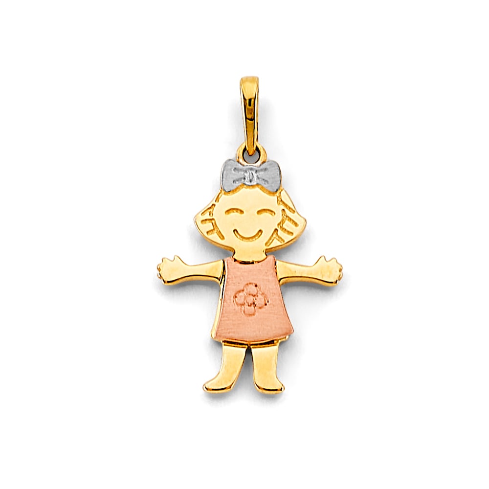 14K 3C GIRL PENDANT: 14K 3C Girl Pendant Type: Pendant Material Type: 14k Gold Material Color: Tri Color Avg. Weight: 1.47 Gr. Size: Height : 25 mm, Width : 15 mm Accessories: None Notice: When purchasing pre-