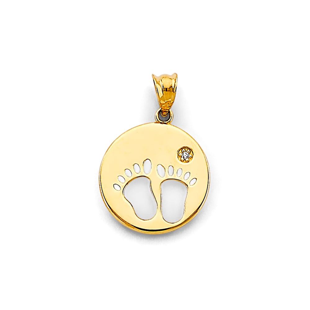 14KY CZ ROUND FOOTPRINTS PENDANT: 14KY CZ Round Footprints Pendant Type: Pendant Material Type: 14k Gold Material Color: Yellow Avg. Weight: 1.25 Gr. Size: Height : 20 mm, Width : 15 mm Accessories: None Notice: When purch