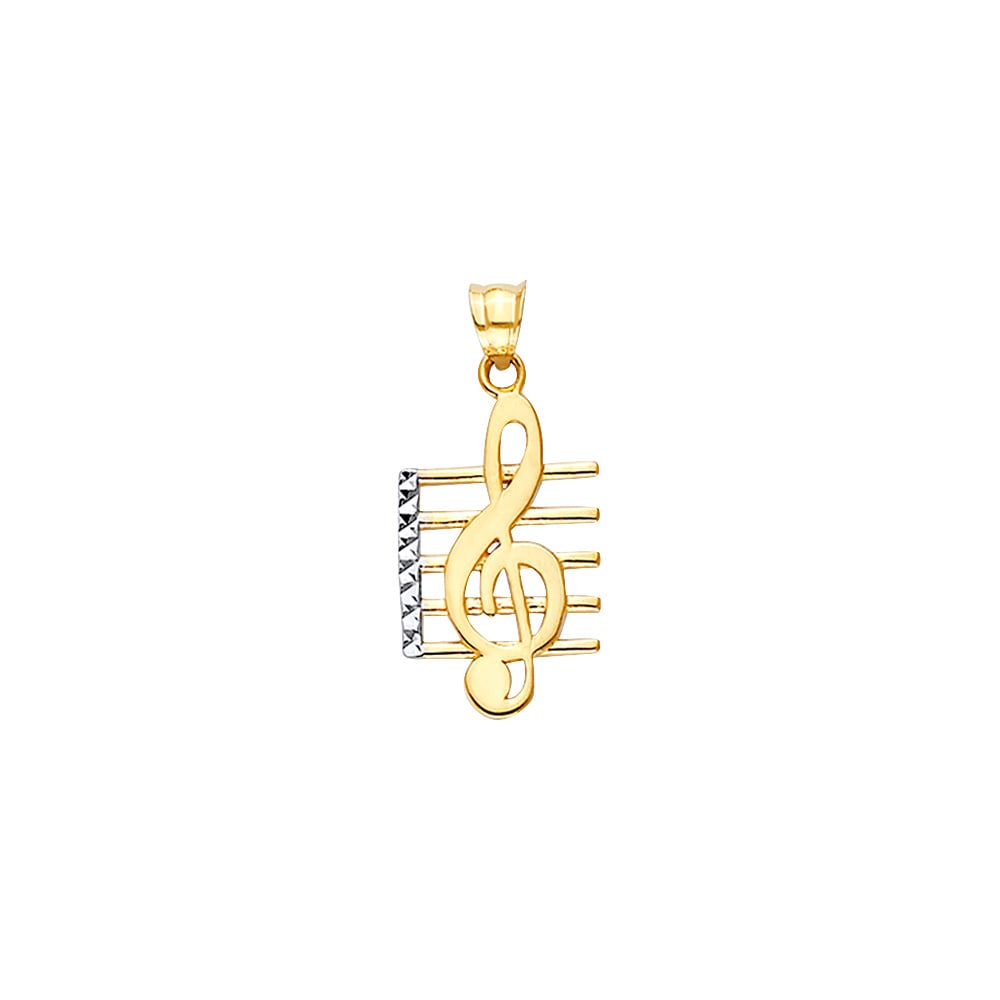 14K 2T MUSIC NOTE PENDANT ON DC STAVE: 14K 2T Music Note Pendant On DC Stave Type: Pendant Material Type: 14k Gold Material Color: Two Tone Avg. Weight: 1.19 Gr Size: Height : 25 mm, Width : 10 mm Accessories: None Notice: When purchasing