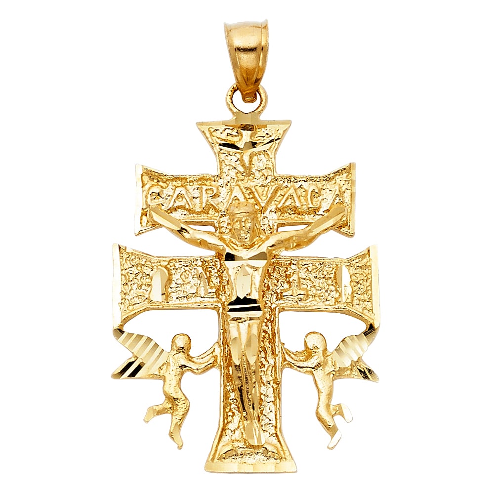 14KY CROSS OF CARAVACA PENDANT: 14KY Cross of Caravaca Pendant Type: Pendant Material Type: 14k Gold Material Color: Yellow Avg. Weight: 7.37 Gr. Size: Height : 37 mm,Width : 27 mm Accessories: None Notice: When purchasi
