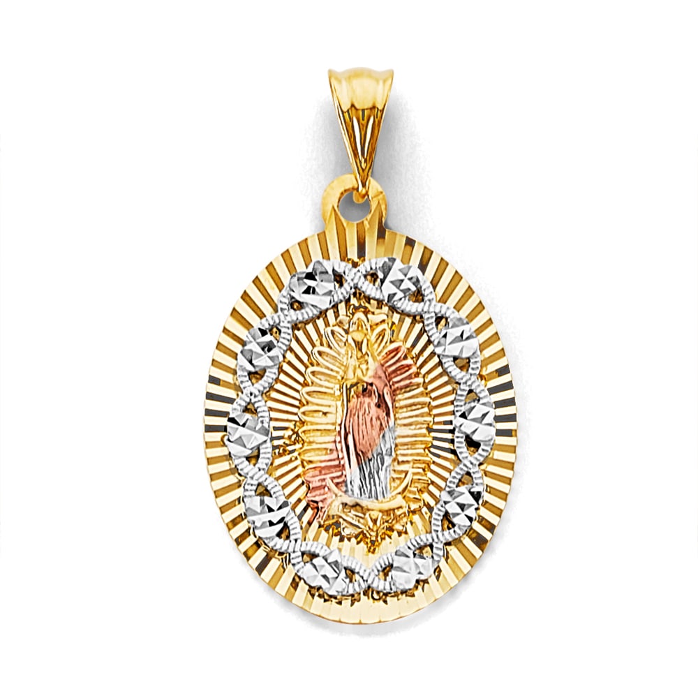 14K 3C STAMP GUADALUPE PENDANT: 14K 3C Stamp Guadalupe Pendant Type: Pendant Material Type: 14k Gold Material Color: Tri Color Avg. Weight: 4.11 Gr. Size: Height : 33 mm, Width : 20 mm Accessories: None Notice: When purc