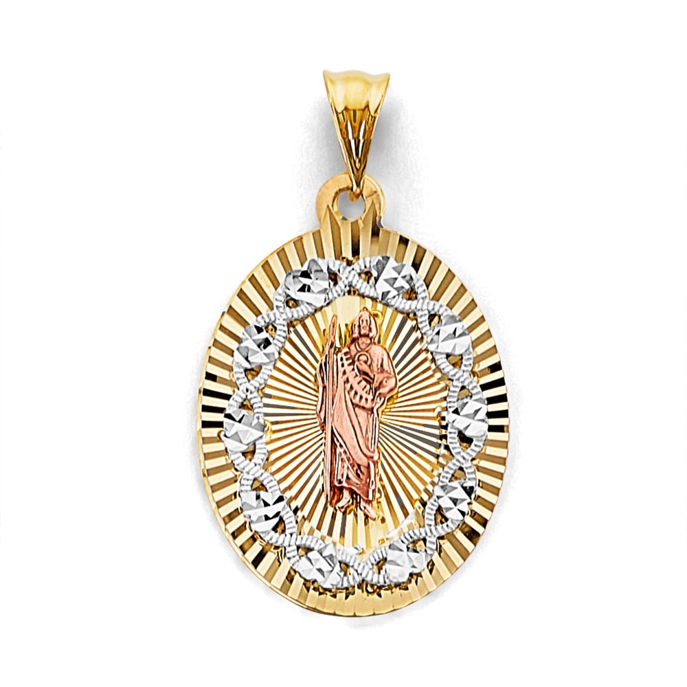 14K 3C STAMP ST. JUDE PENDANT: 14K 3C Stamp St. Jude Pendant Type: Pendant Material Type: 14k Gold Material Color: Tri Color Avg. Weight: 3.71 Gr. Size: Height : 33 mm, Width : 20 mm Accessories: None Notice: When purch