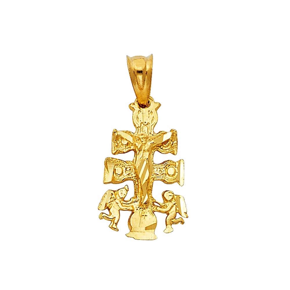 14KY CROSS OF CARAVACA PENDANT: 14KY Cross of Caravaca Pendant Type: Pendant Material Type: 14k Gold Material Color: Yellow Avg. Weight: 1.08 Gr. Size: Height : 15 mm,Width : 10 mm Accessories: None Notice: When purchasi