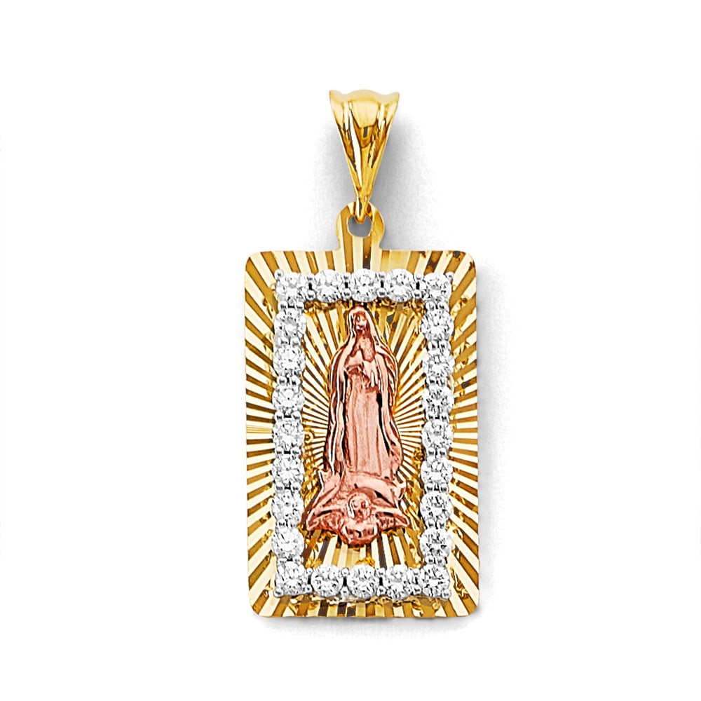 14K 3C STAMP GUADALUPE PENDANT: 14K 3C Stamp Guadalupe Pendant Type: Pendant Material Type: 14k Gold Material Color: Tri Color Avg. Weight: 3.41 Gr. Size: Height : 30 mm, Width : 15 mm Accessories: None Notice: When purc