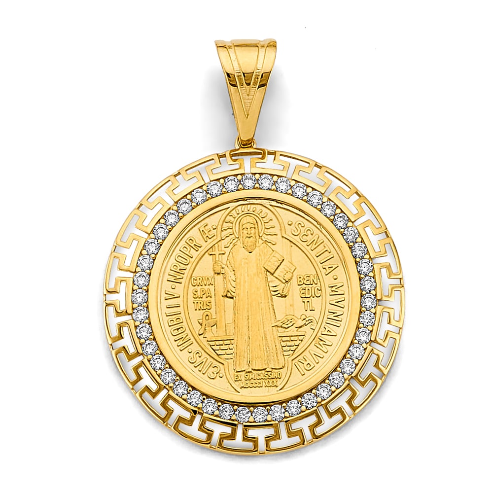 14K 2T CZ GREEK FRAME SAN BENITO PENDANT: 14K 2T CZ Greek Frame San Benito Pendant Type: Pendant Material Type: 14k Gold Material Color: Two Tone Avg. Weight: 9.31 Gr. Size: Height : 50 mm, Width : 38 mm Accessories: None Notice: