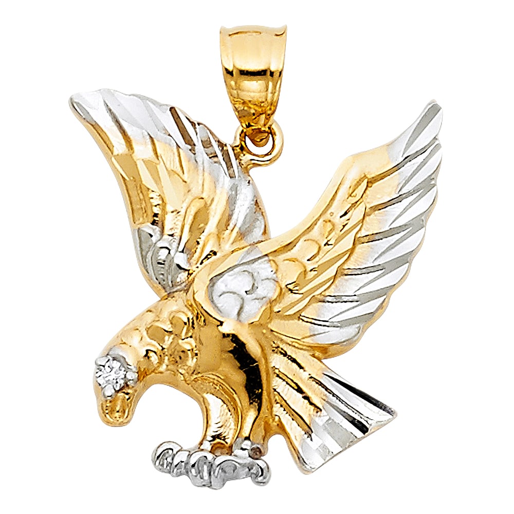 14K 2T EAGLE PENDANT: 14K 2T Eagle Pendant Type: Pendant Material Type: 14k Gold Material Color: Two Tone Avg. Weight: 3.79 Gr. Size: Height : 22 mm,Width : 20 mm Accessories: None Notice: When purchasing pre-owned goods,