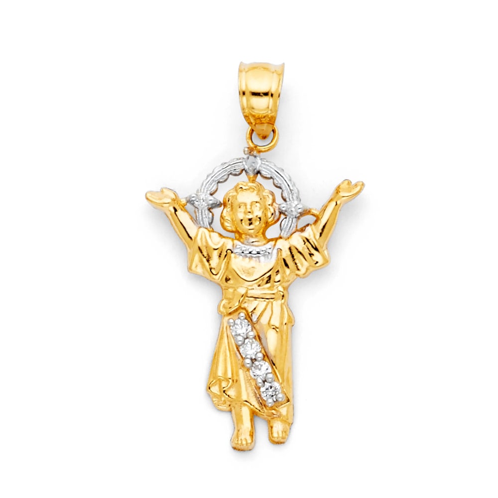 14K 2T CZ DIVINE INFANT JESUS PENDANT: 14K 2T CZ Divine Infant Jesus Pendant Type: Pendant Material Type: 14k Gold Material Color: Two Tone Avg. Weight: 1.4 Gr. Size: Height : 25 mm,Width : 15 mm Accessories: None Notice: When purchasing